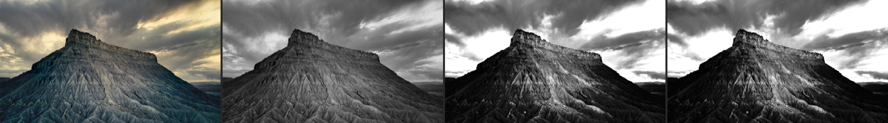 Factory Butte: the cool-toned rock falls with the sky, and the 850 on HIE takes both further than the 720 on Rollei