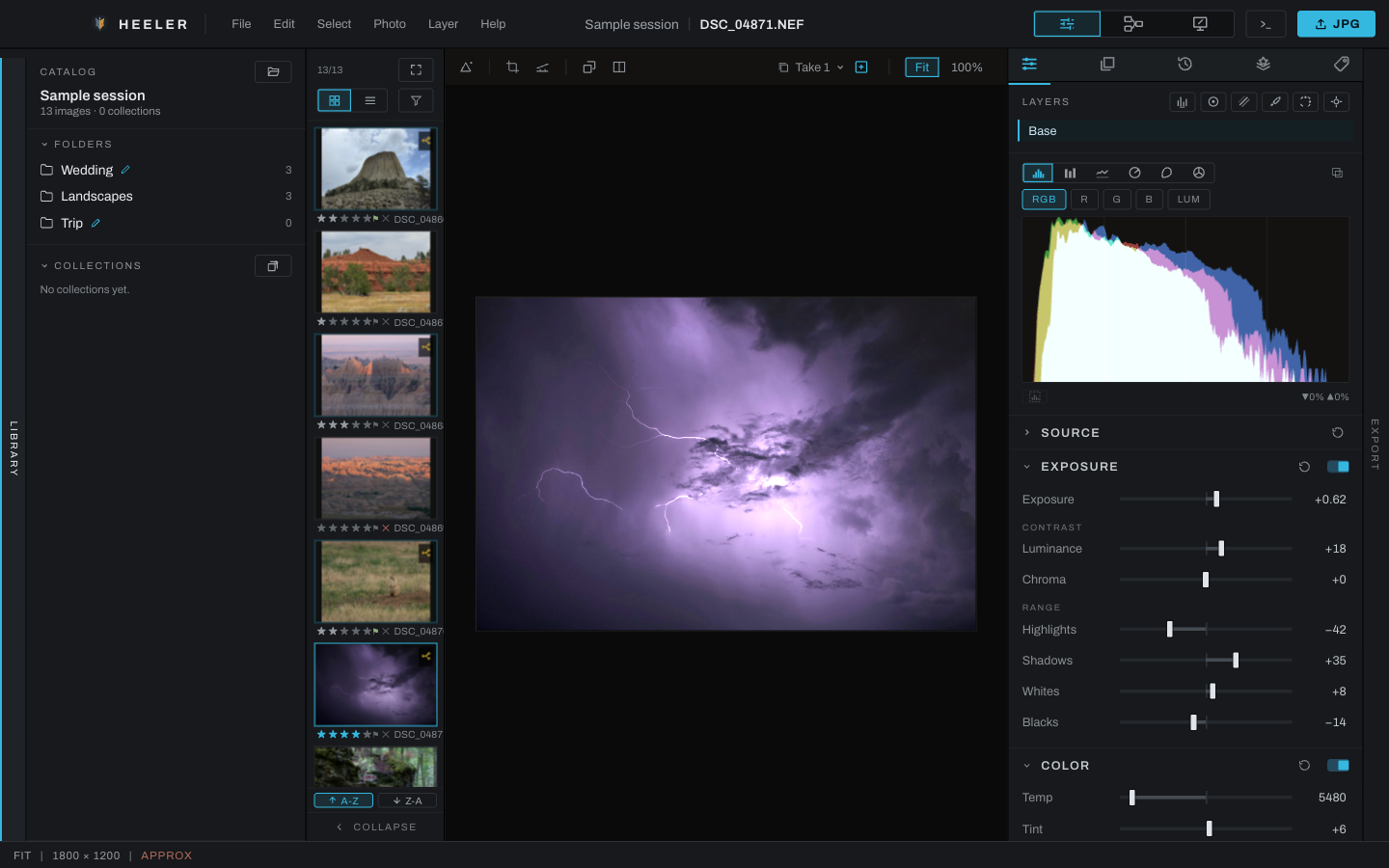 Heeler's editing window with a lightning photograph in the viewport, a thumbnail library on the left, and exposure controls on the right.