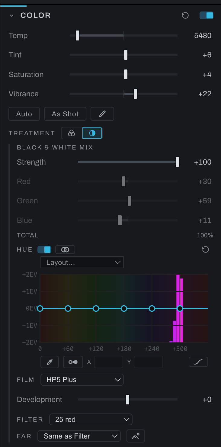 The Color section with the treatment on: the mixer, the Hue curve, Film, Filter and Far