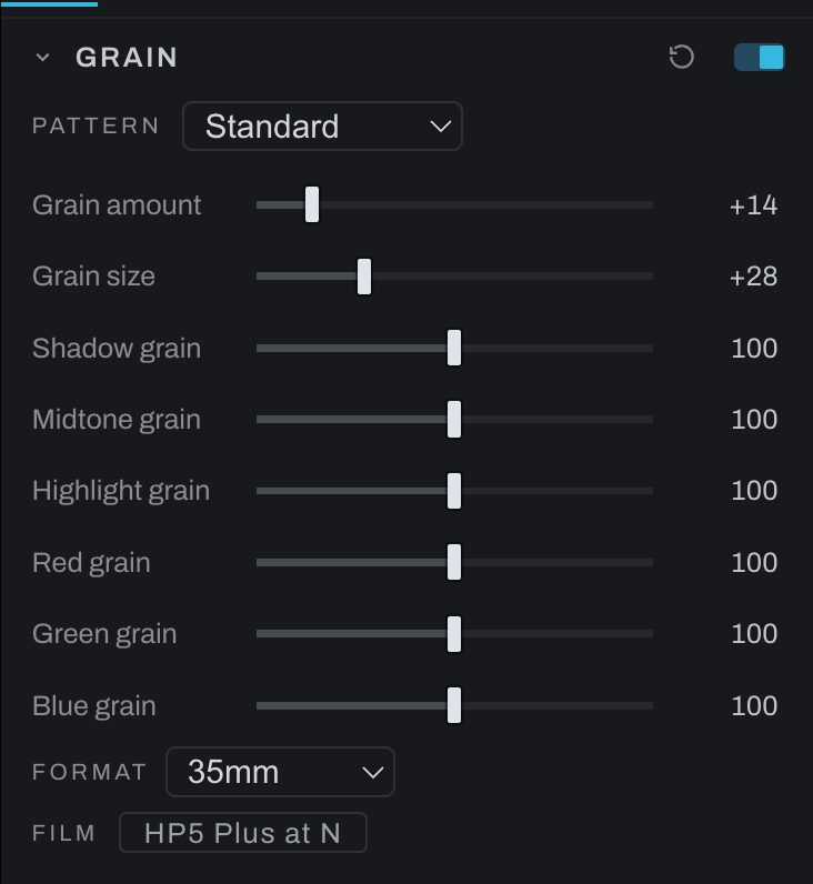 Grain with a stock on: the Format row and the Film chip