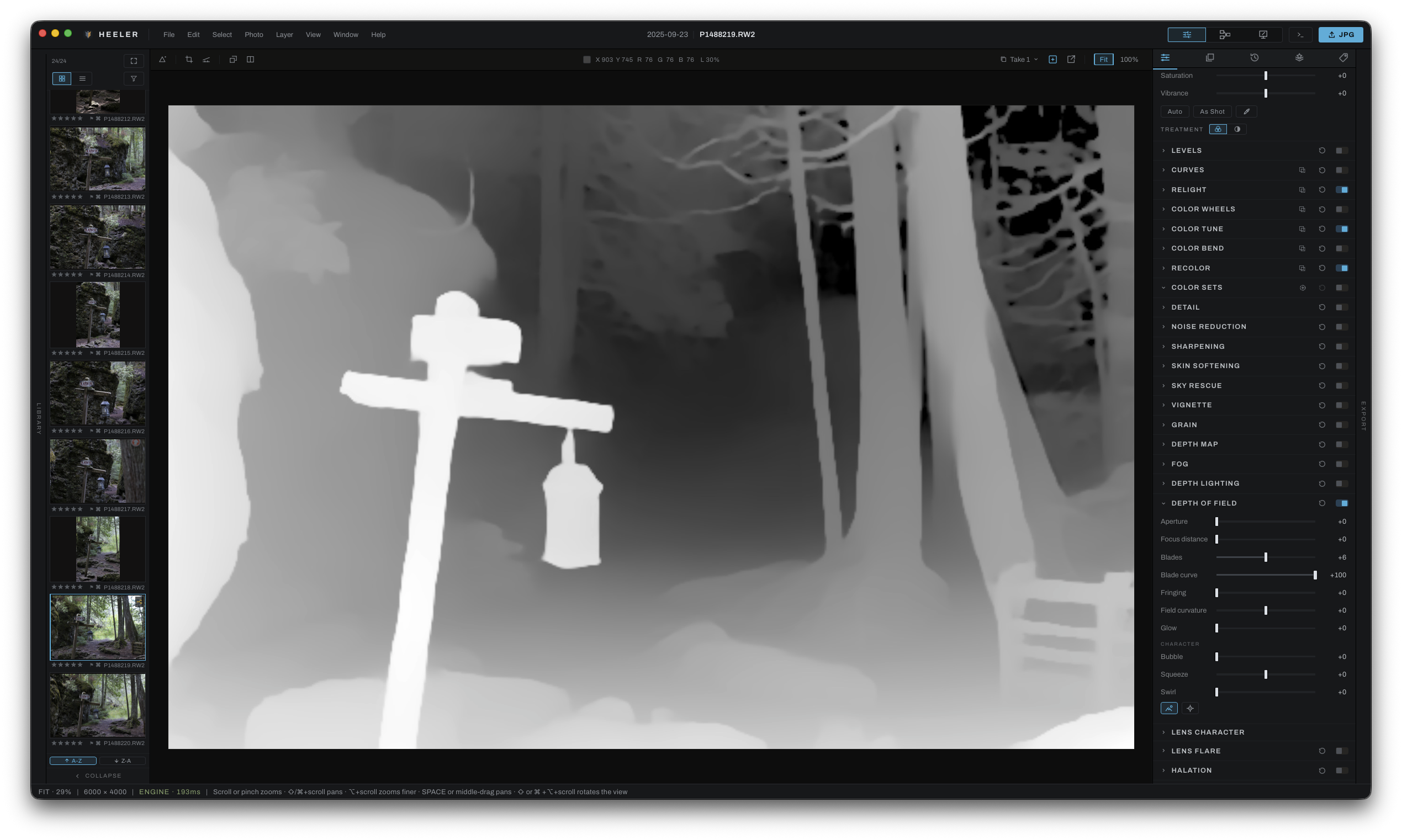 Grayscale depth map of the same woodland scene, with the sign and lantern separated from the distant trees.