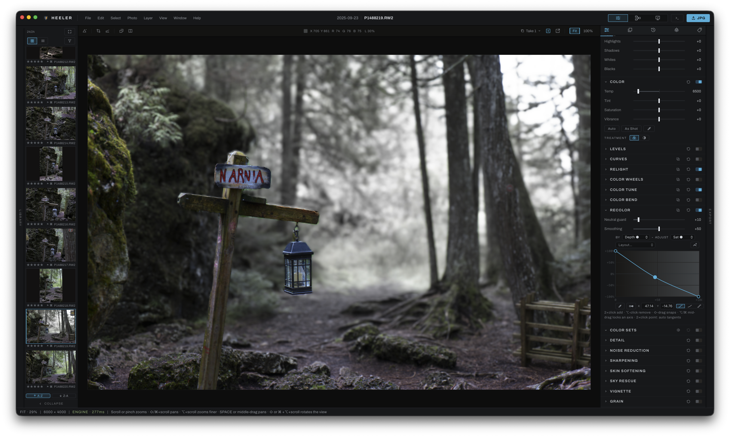 The same woodland photograph with the foreground sign and lantern in color and distant trees largely desaturated by a depth-aware recolor edit.