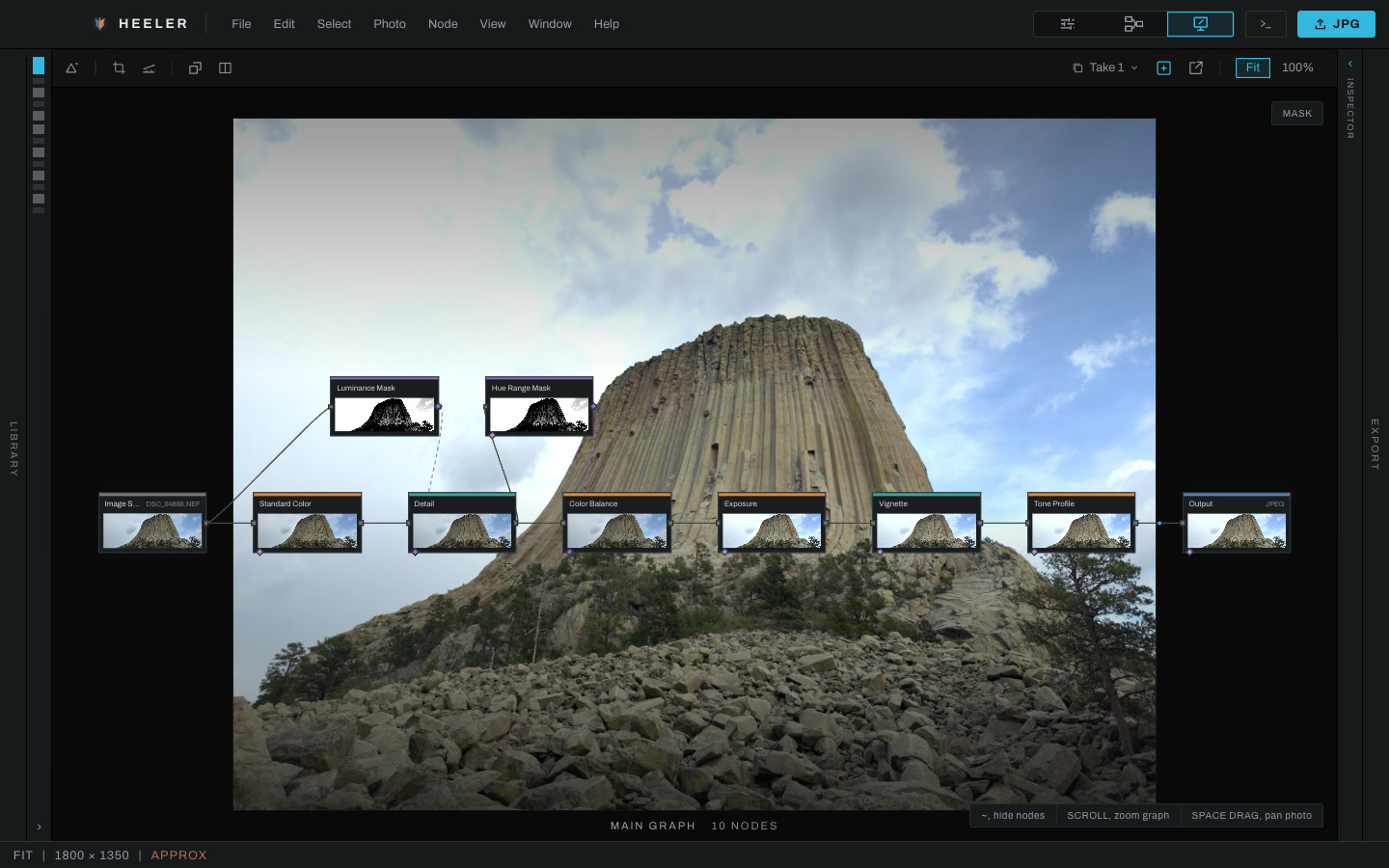 The Canvas workspace: the same edit as nodes over the photograph, with two masks branching off to steer Detail and Color Balance.