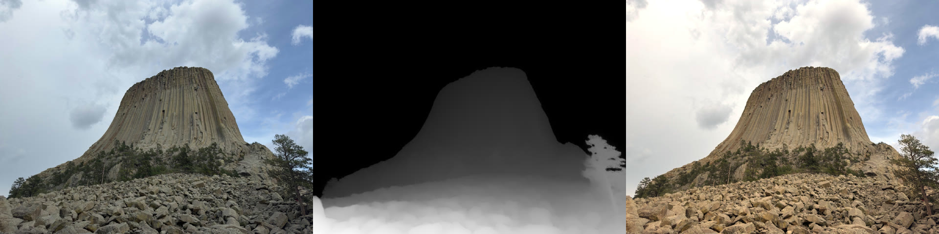 Devils Tower, its depth map, and the same frame relit by a low warm sun raking across the columns.