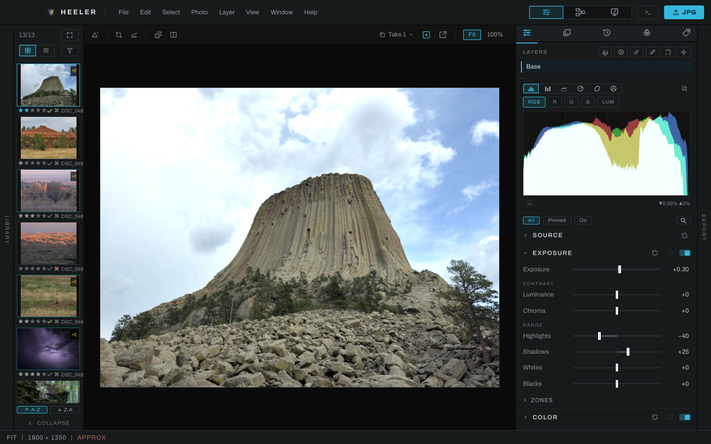 The Develop workspace: Exposure, Color, Detail, Color Wheels and Vignette set with sliders on a photograph of Devils Tower.
