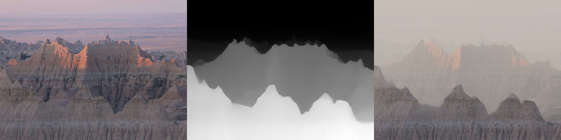 Badlands ridges, their depth map, and fog that leaves the near ridges clear and thickens into the distance.