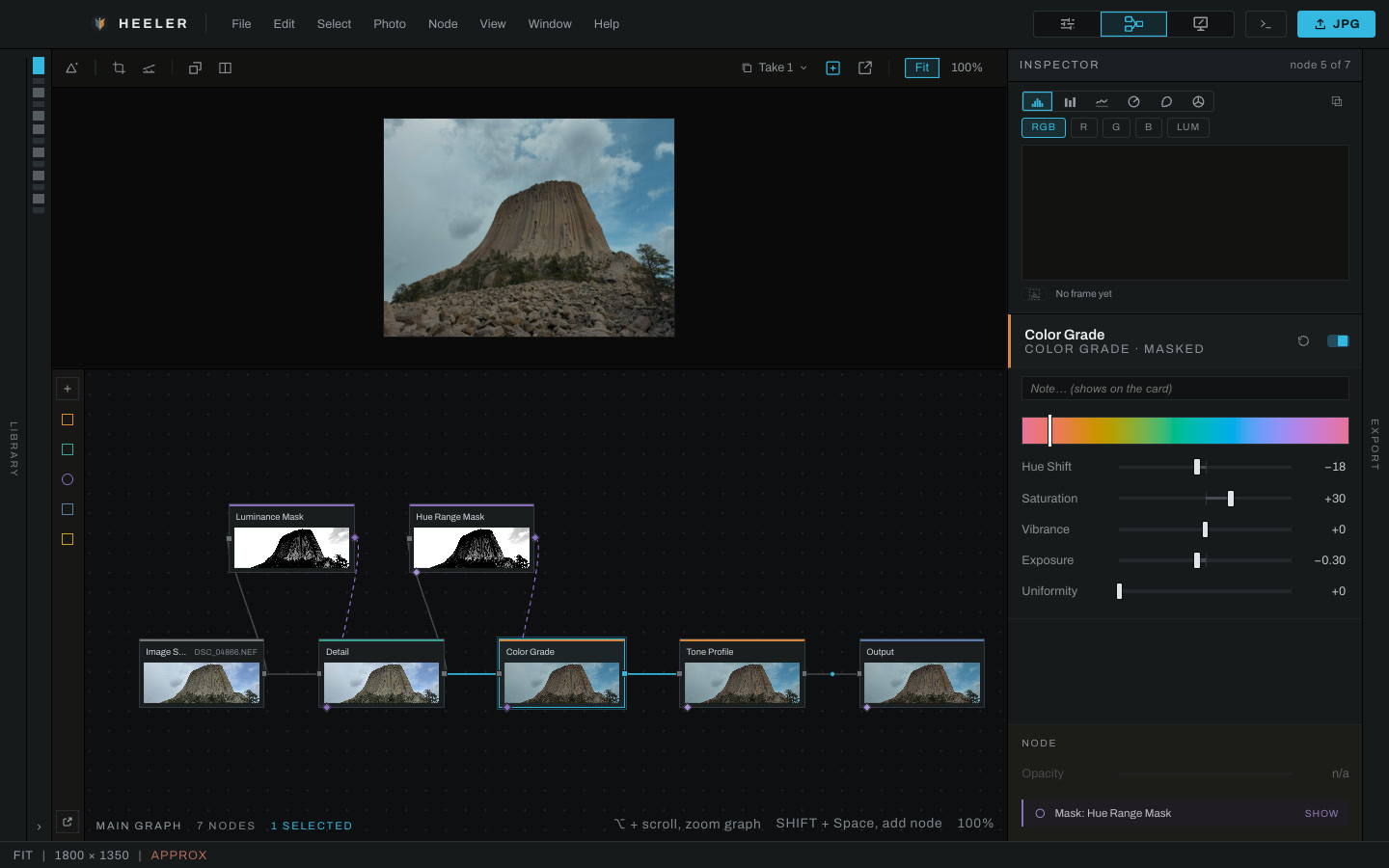 The Graph workspace: two masks steer a Detail and a Color Grade, and the inspector shows the selected node's controls.